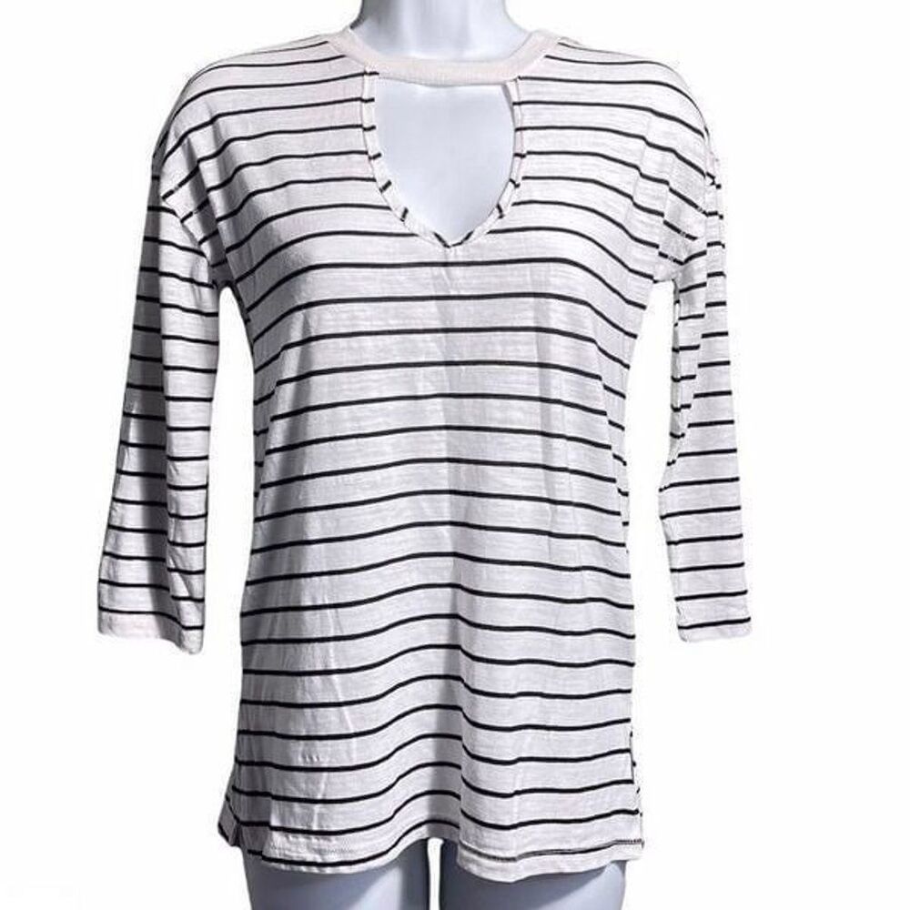 Lucky Brand Women's Slightly Sheer Stripe Front Cutout Quarter Sleeve Top L